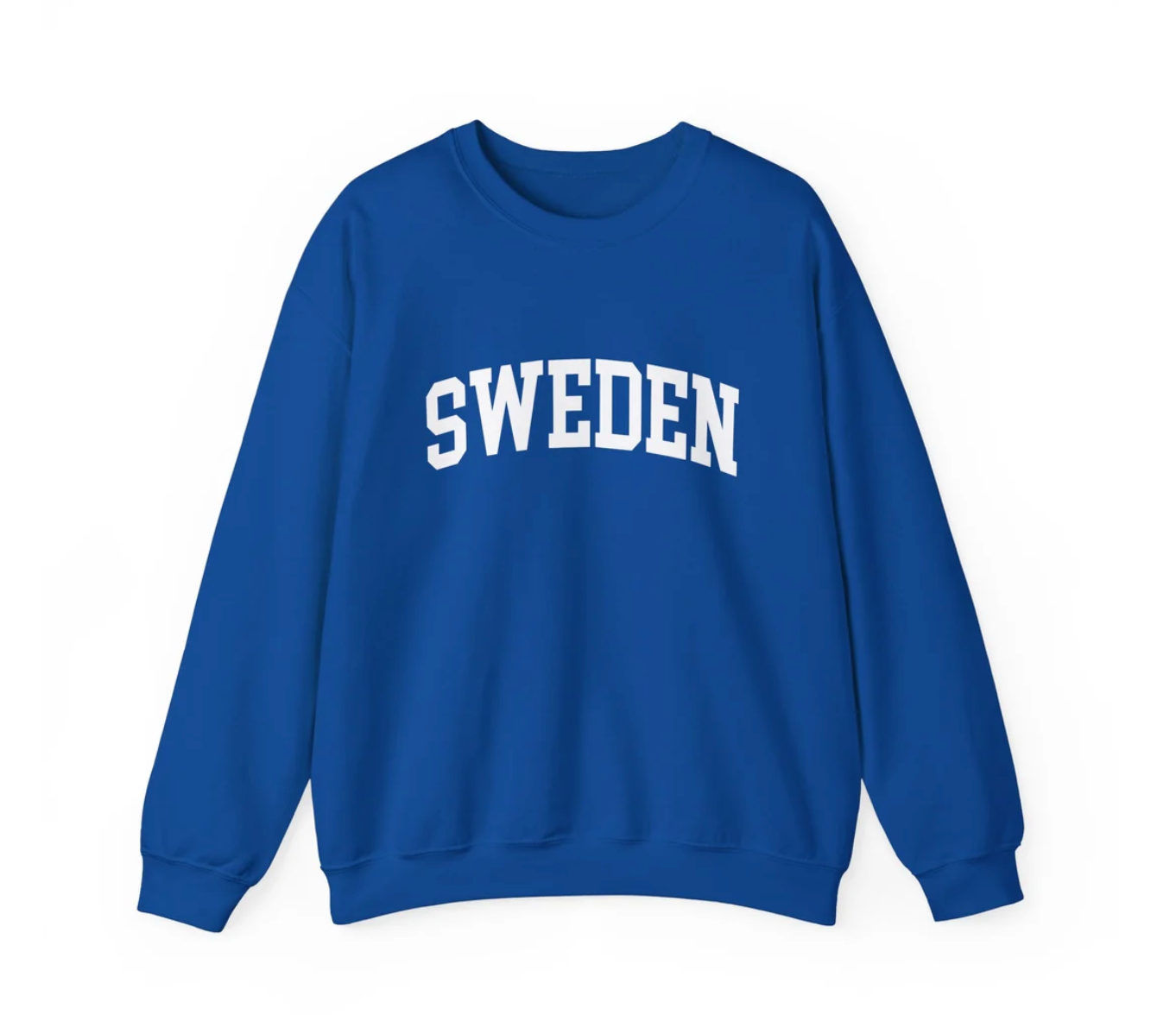A royal blue crewneck sweatshirt with the word 'SWEDEN' printed in white arched block letters across the chest, displayed on a clean white background.