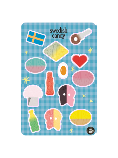 swedish candy sticker sheet designed by hannah stokes a graphic designer for huset shop a scandinavian store in los angeles in venice california. bubs candy, artsy, crafty, collection, journaling, crafty girls spots in la, waterproof, for laptops, water bottles, decorating your phone, show your personality, cute, trendy