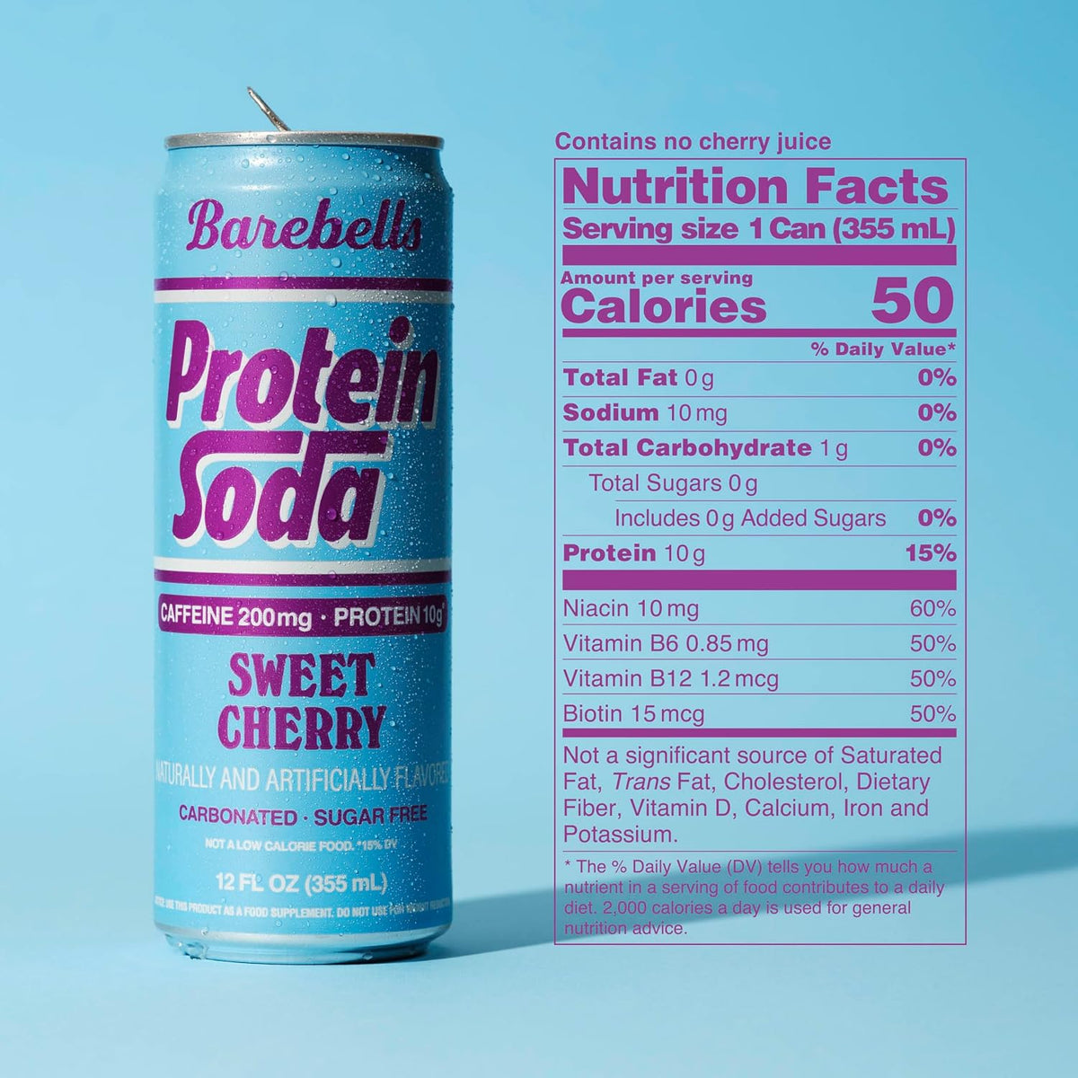 Cherry Flavored Protein Soda in a can with nutritional information