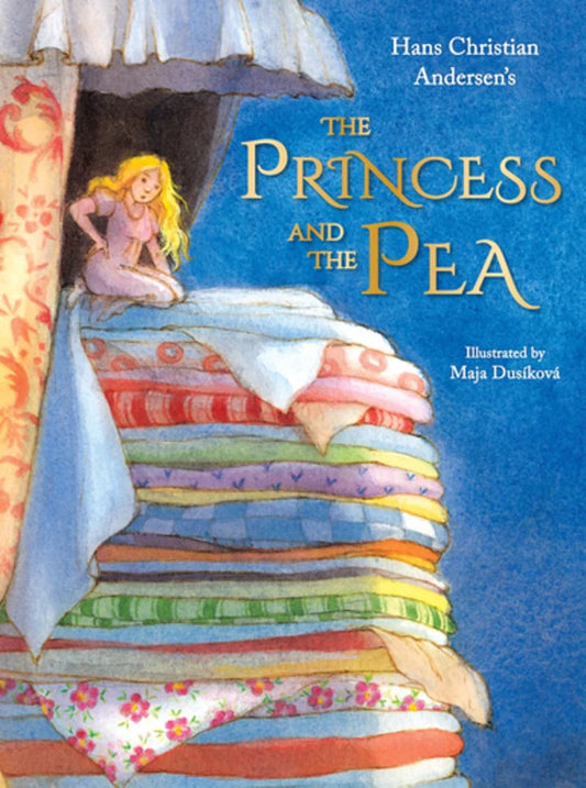 Book cover of 'The Princess and the Pea' with a colorful bed and princess illustration.