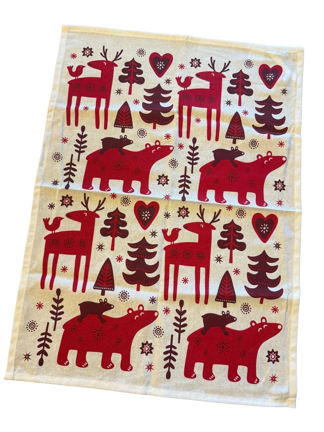 Holiday cotton towels with festive patterns reminiscant of Scandinavia. The Gnome, Dala Horse, Moose, Reindeers, and more all have Swedish workhorse quality. 