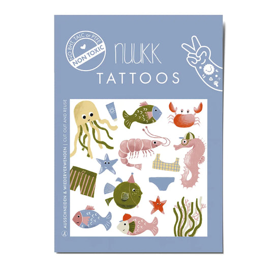 A package of Nuukk Tattoos featuring a light blue card with various colorful cartoon sea creatures and body sticker designs, including a jellyfish, crab, shrimp, seahorse, starfish, and underwear motifs.