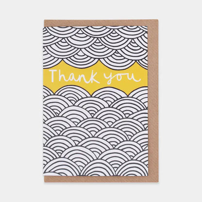 Greeting card with wave pattern and 'Thank you' text on a yellow background