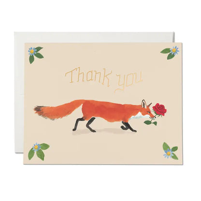 Greeting card with a fox holding a rose and 'Thank you' text on a beige background.