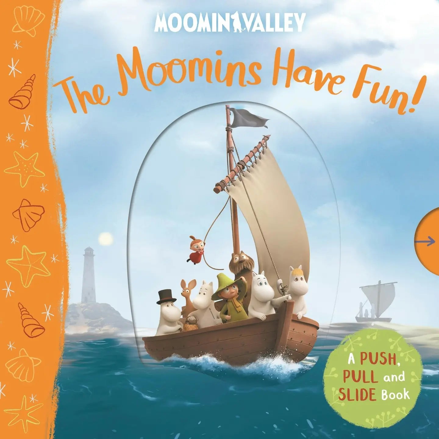 Book cover of 'The Moomins Have Fun!' with cartoon characters on a boat, featuring Moominvalley branding.