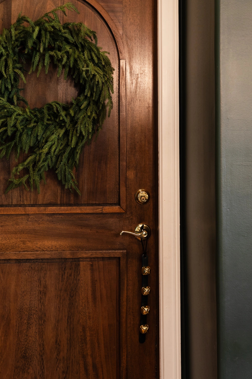 This cheery set of bells can be hung on a door handle for a merry sound to accompany all the holiday comings and goings. Made by Amish craftsman and out of leather and brass materials. Perfect for hanging from your front door.