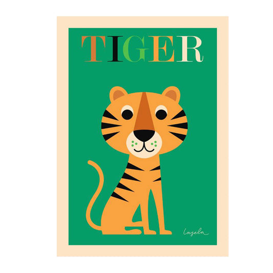 Illustration of a tiger on a green background with 'TIGER' text, framed in beige. Ingela