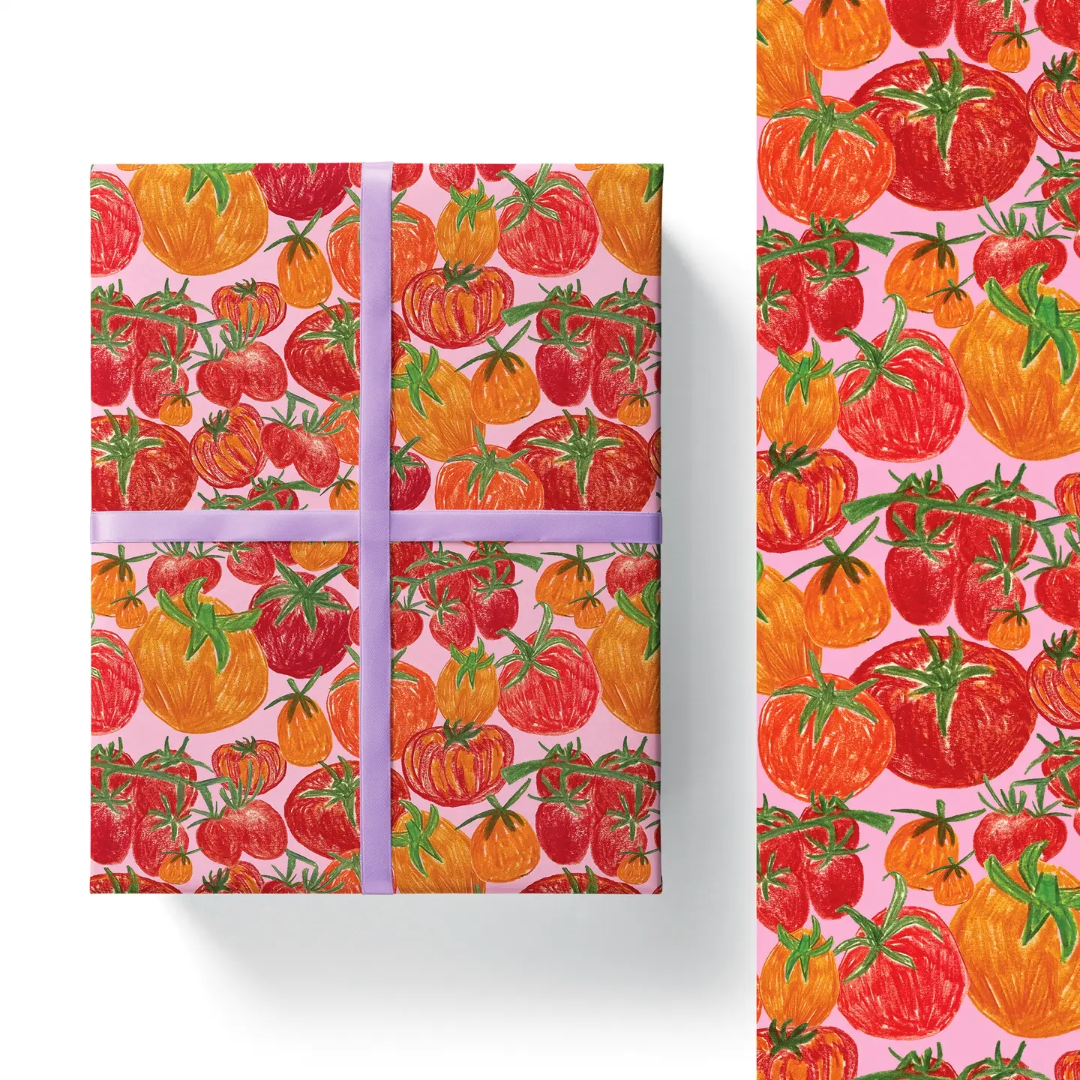 Gift wrap with tomato pattern on a pink background, The most magical gift wrap prefect for making your receiver smile. They come in sheets so if you are wrapping a large gift it will take a few sheets taped together.&nbsp;

High quality, large gift wrap sheets.