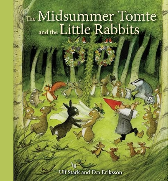 Book cover of 'The Midsummer Tomte and the Little Rabbits' with illustrations of animals in a forest setting.