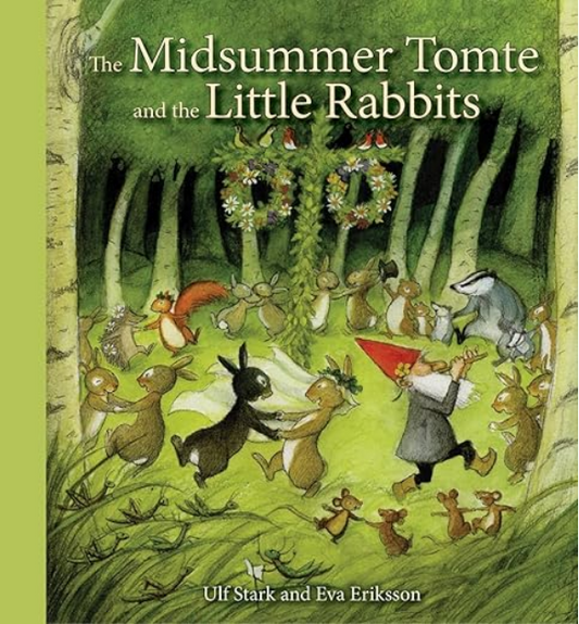 Book cover of 'The Midsummer Tomte and the Little Rabbits' with illustrations of animals in a forest setting.