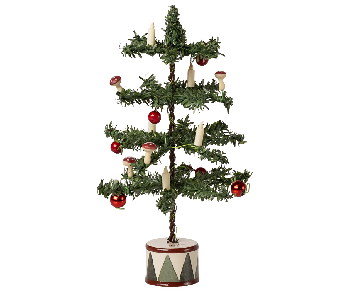 Decorative Christmas tree with red ornaments and candles on a white background