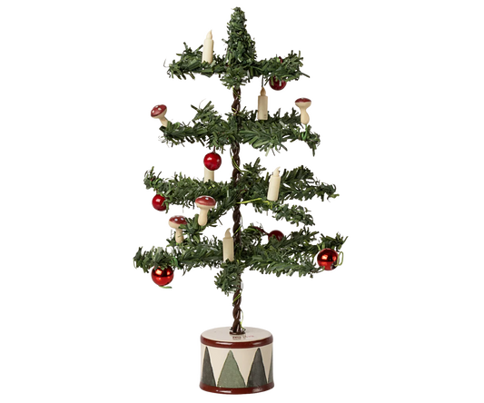 Decorative Christmas tree with red ornaments and candles on a white background