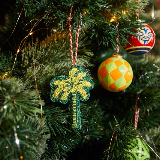 Beaded Palm Tree Ornament in Christmas Tree close up