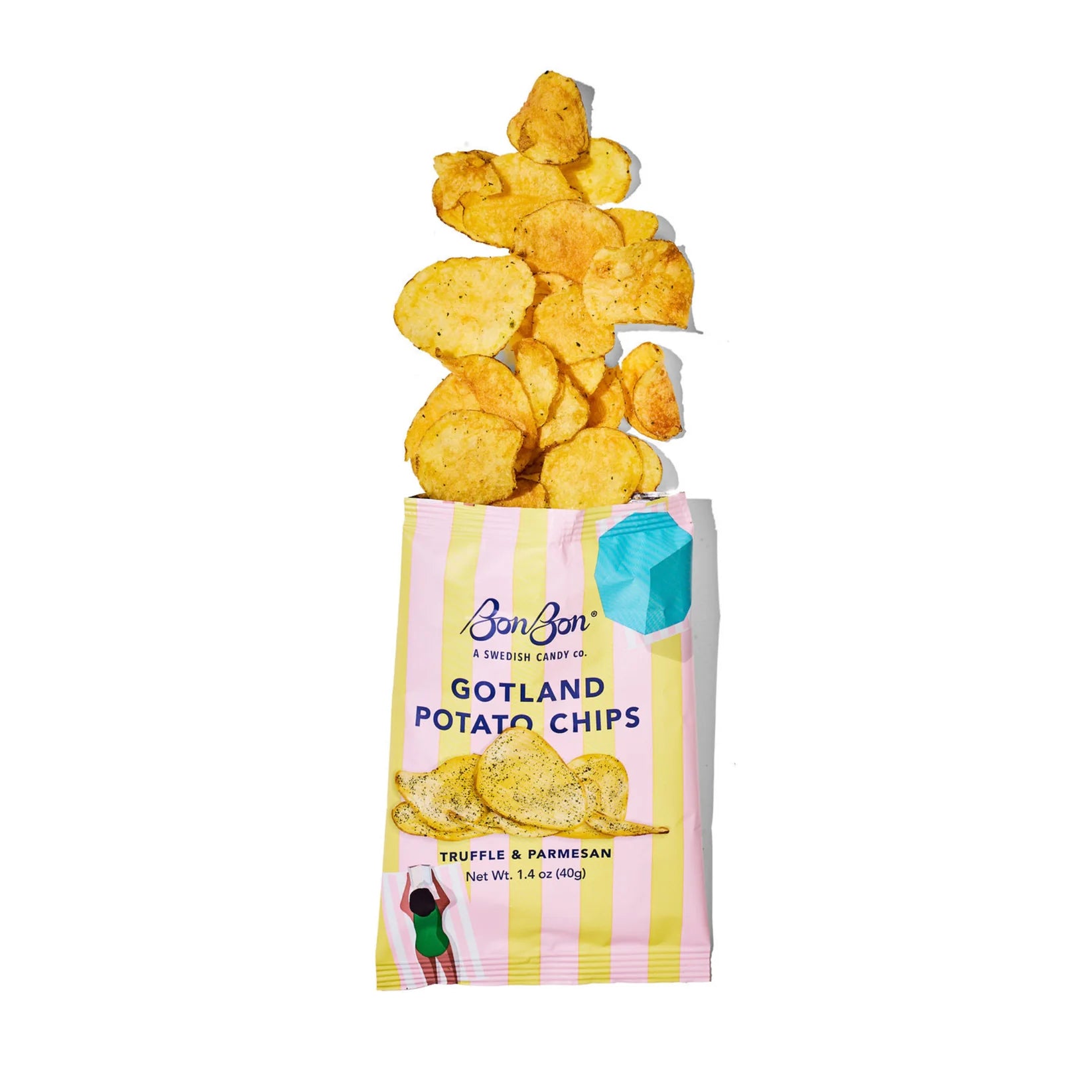 Gotland Potato Chips spilling out of a BonBon packaging on a white background