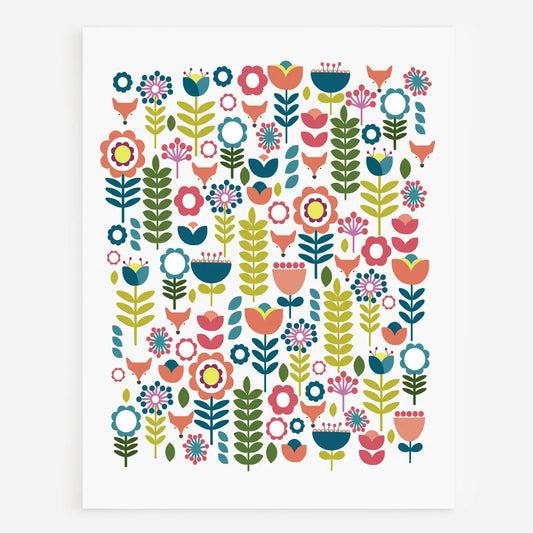 A vertical art print featuring a dense, colorful pattern of stylized flowers, leaves, birds, and butterflies on a white background.