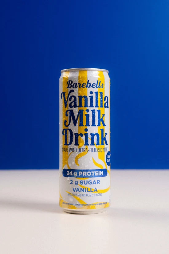Vanilla Cookie Protein Drink in Can on Blue Background