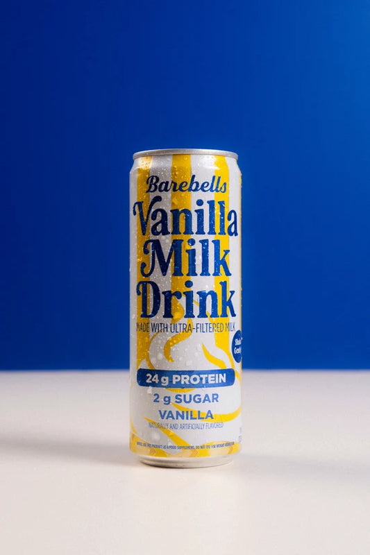 Vanilla Cookie Protein Drink in Can on Blue Background