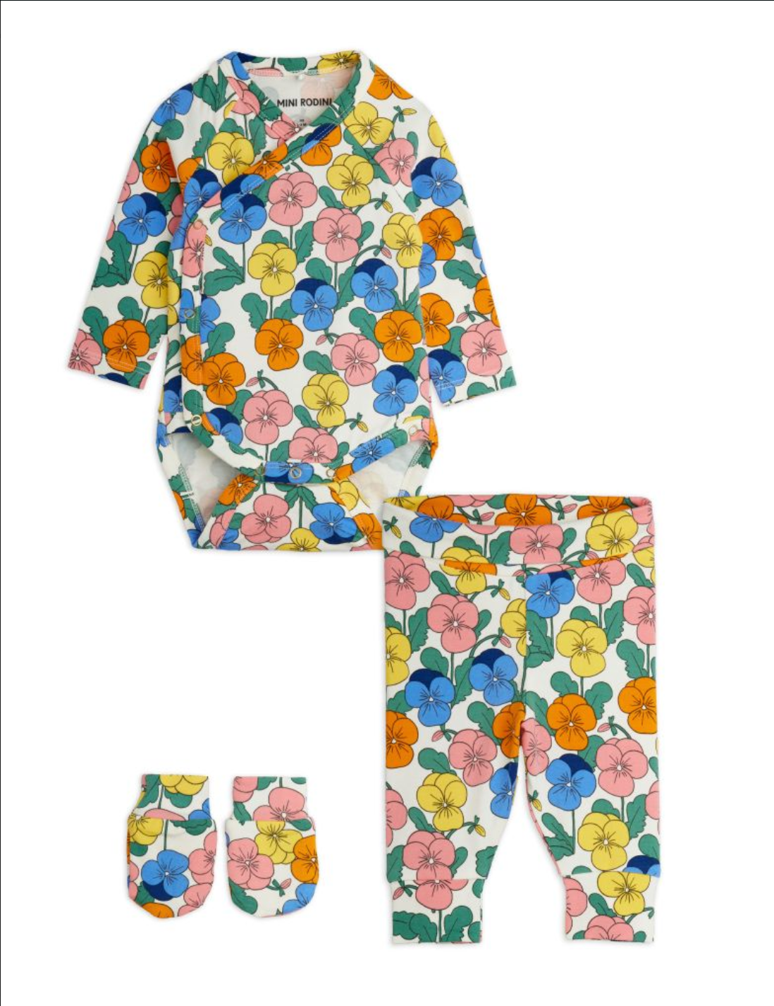 A three-piece baby clothing set featuring a long-sleeve wrap romper, leggings, and booties, all in a vibrant multicolor floral print on a white background.