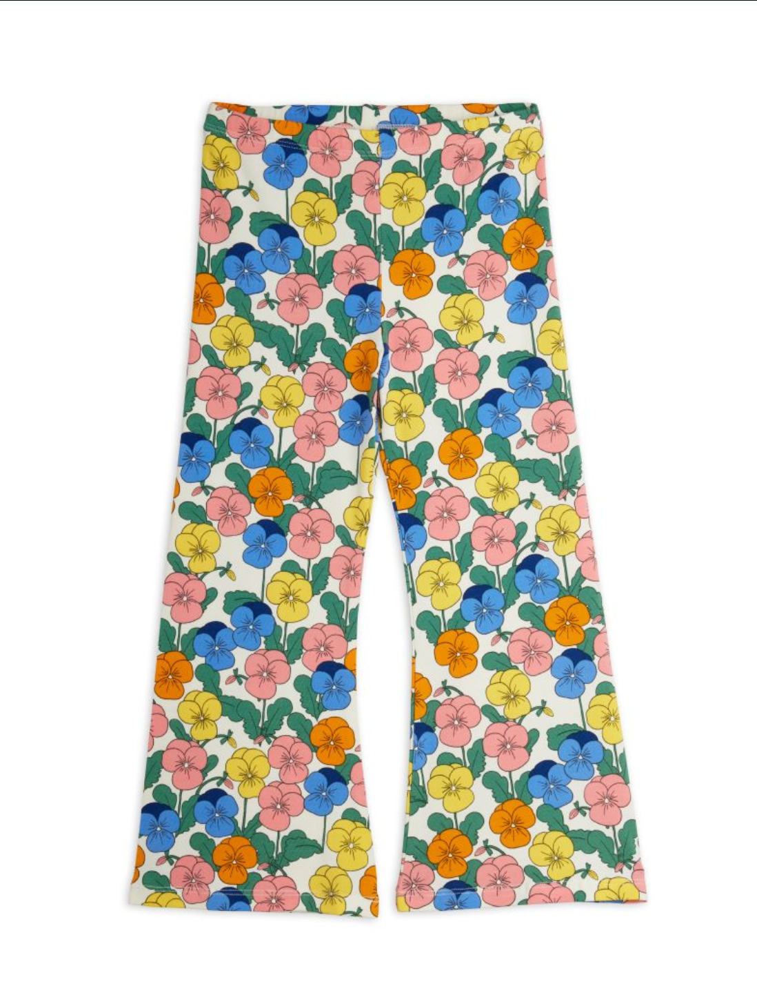 A pair of wide-leg pants featuring a colorful floral print with pink, blue, yellow, and orange flowers on a white background.
