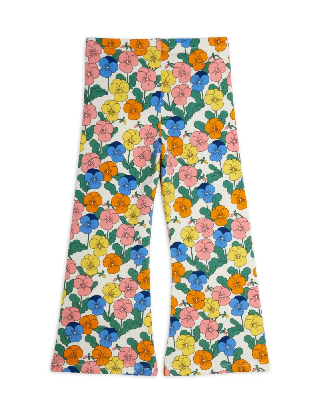 A pair of wide-leg pants featuring a colorful retro floral print with pink, blue, yellow, and orange flowers on a white background.