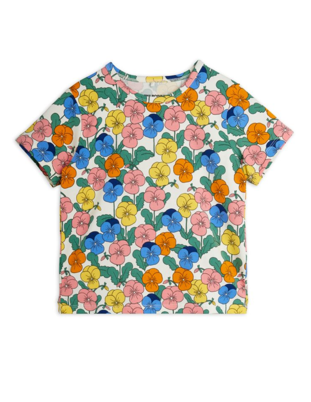 A short-sleeve crewneck t-shirt featuring a colorful floral print of pansies in pink, blue, yellow, and orange with green leaves on a white background.
