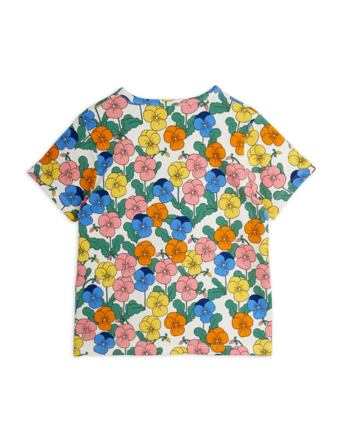A short-sleeve crewneck t-shirt featuring a colorful floral print of pansies in pink, blue, yellow, and orange with green leaves on a white background.