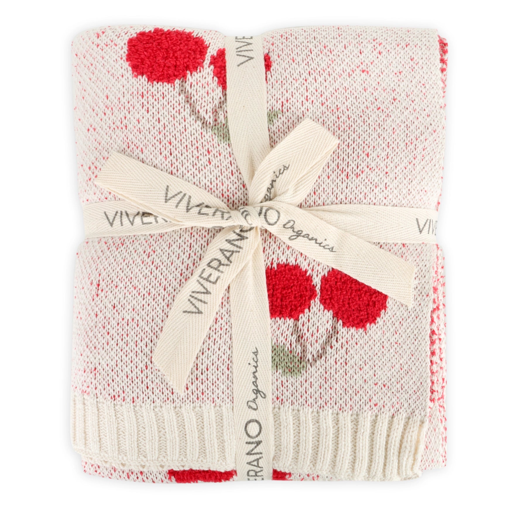 Knitted blanket with red heart pattern and 'Viverano Organics' branding on a white background