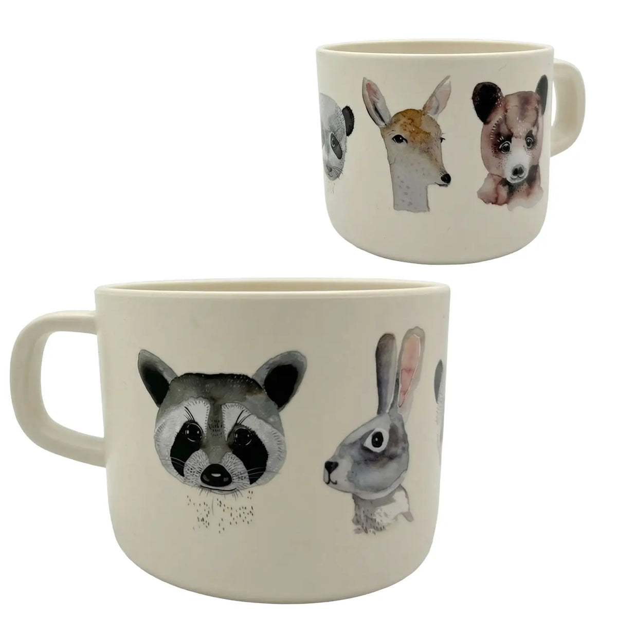 Two mugs with animal illustrations on a white background