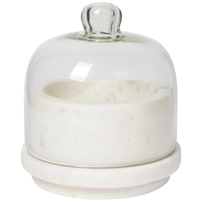 White ceramic container with a clear glass dome on a white background