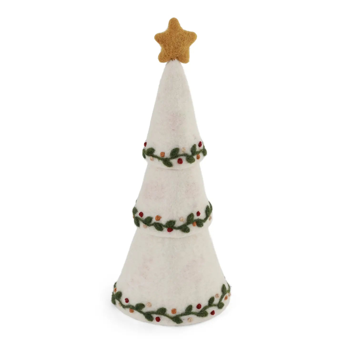 Unstack the felt layers to reveal three different trees. Designed with intricate details and handcrafted to bring a touch of winter magic into your home. Choose from white elegant trees with fine embroidery or a classic fir green tree with Christmas gifts and candy canes decorating the exterior.