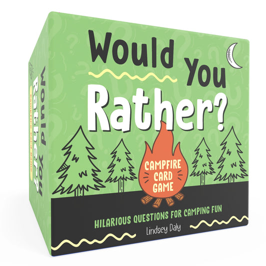Box of 'Would You Rather?' campfire card game with green background and fire illustration.
