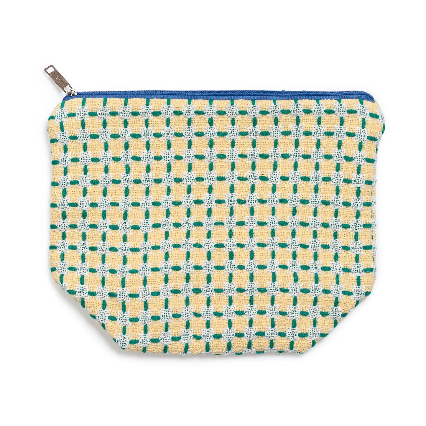 Yellow and green checkered pouch on a white background