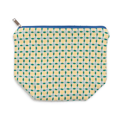 Yellow and green checkered pouch on a white background