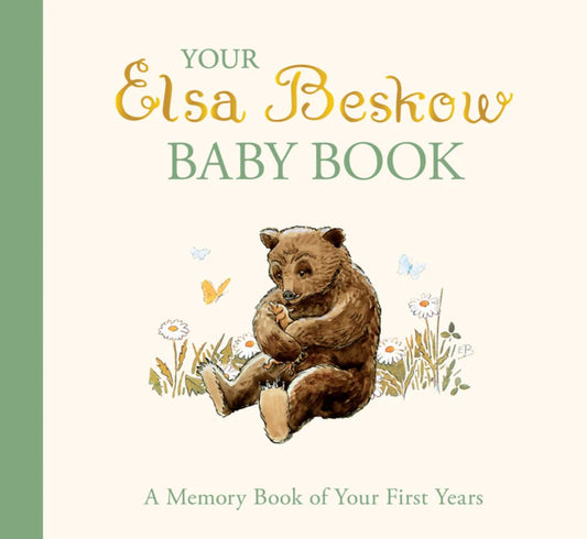 Book cover of 'Your Elsa Beskow Baby Book' with a bear illustration on a white background.