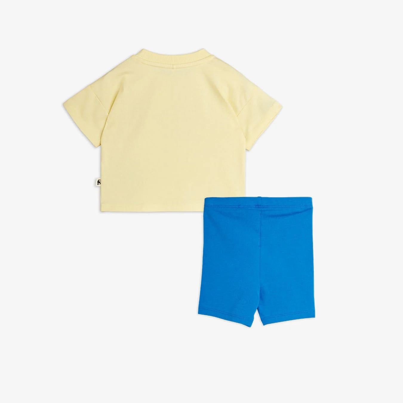 Yellow t-shirt and blue shorts set on a white background