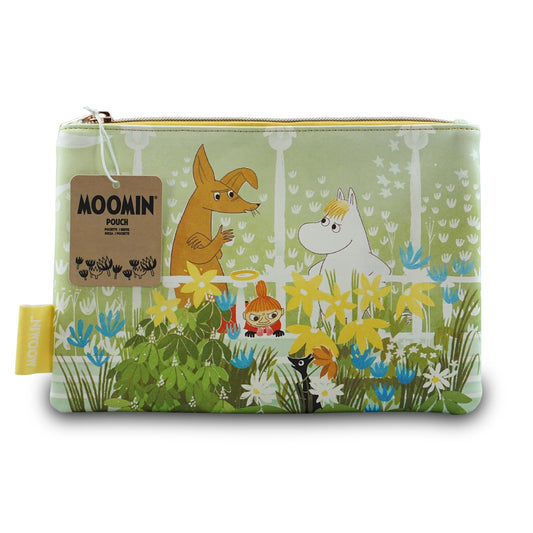 Pouch with Moomin characters in a garden setting on a white background