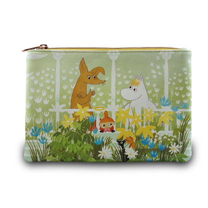 Pouch with cartoon characters in a forest design on a green background