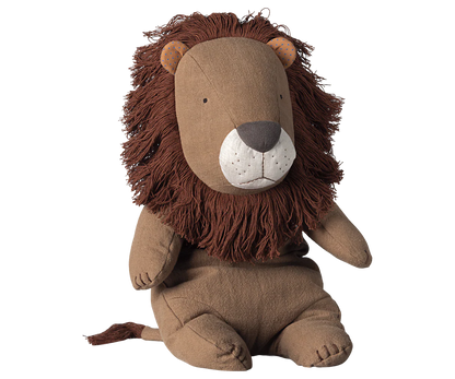 Stuffed lion toy with a brown mane on a white background
