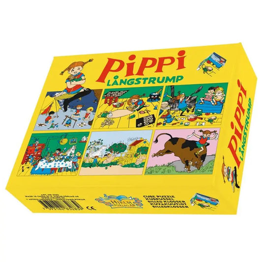 Pippi Långstrump puzzle box with colorful illustrations on a yellow background