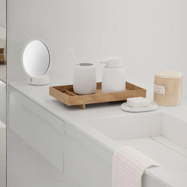 Soap Dispenser - SONO is just one available design in the blomus SONO bath line which features gentle shapes, perfectly rounded edges and a soft surface with an exquisite silk matte finish. The SONO range includes a soap dispenser, soap dish, tumbler, tray, storage box, vanity mirror, pedal bin waste basket, squeegee and toilet brush in a variety of colors including:&nbsp;Micro Chip (grey), White, Black, Moonbeam (beige), Satellite (taupe), Magnet (charcoal), and Tan.