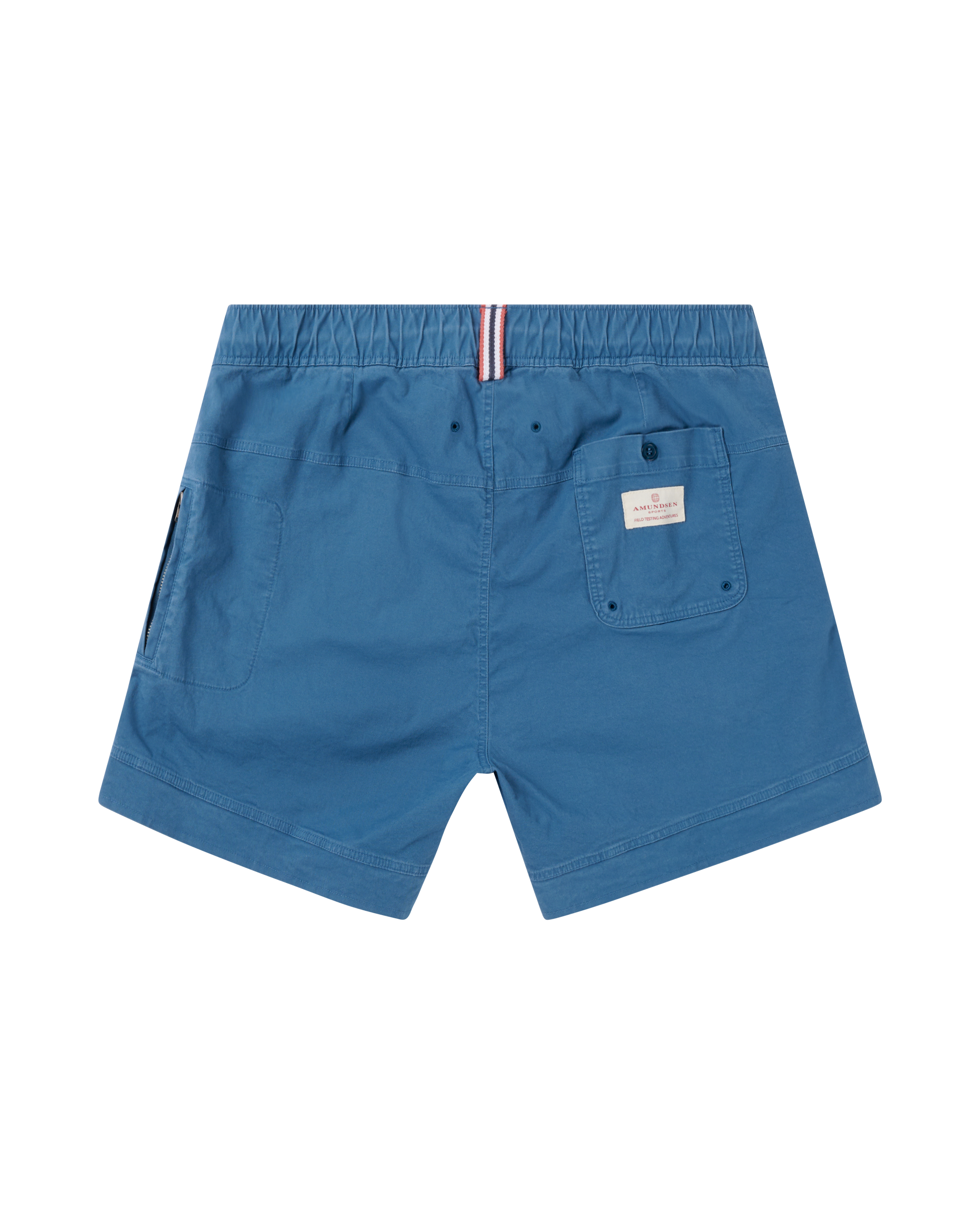 Blue shorts with a small pocket and brand label on a white background