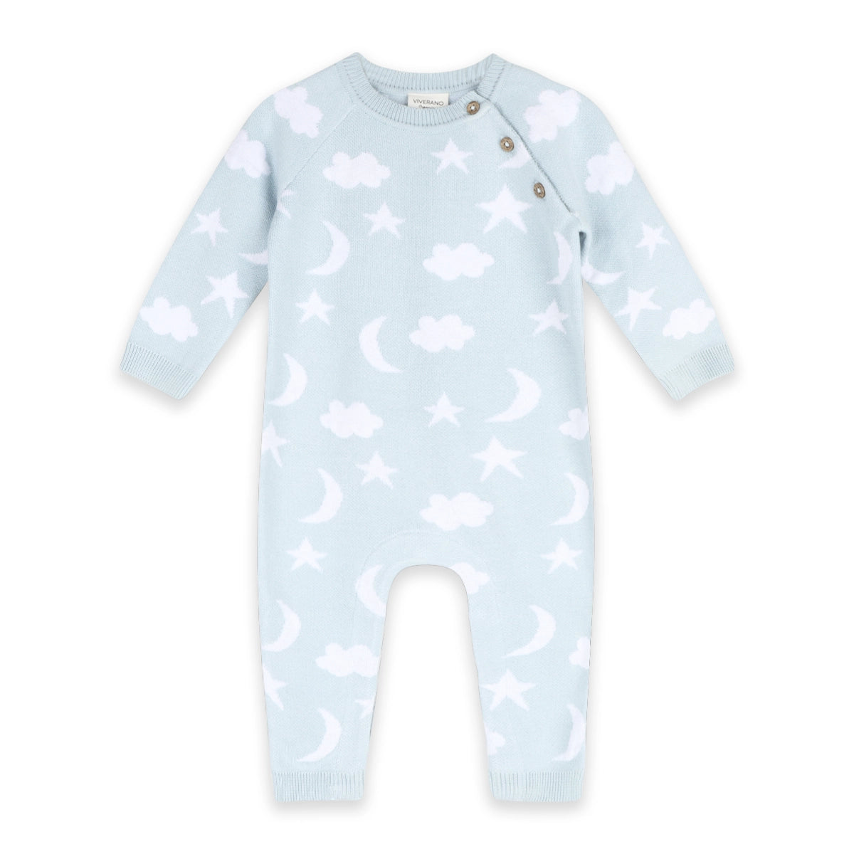 Light blue baby romper with cloud pattern on a white background