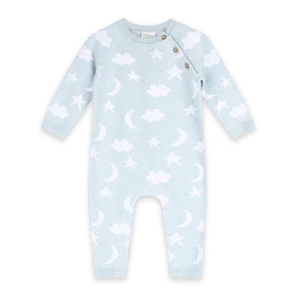 Light blue baby romper with cloud pattern on a white background