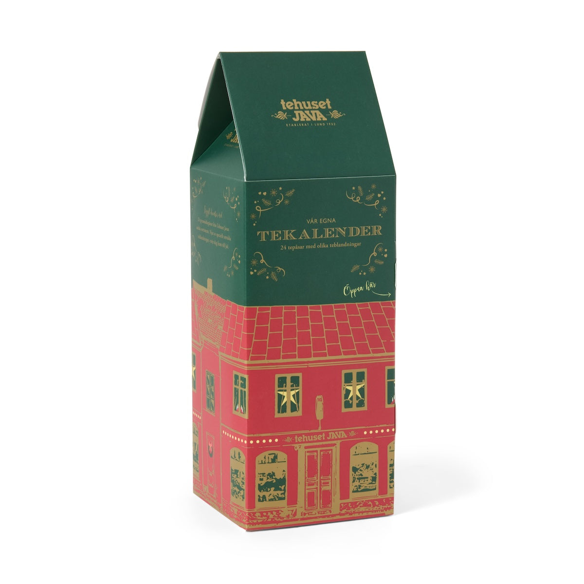 Tea calendar 2025 decorated with a cozy Lundahus in a green and red color scheme. In the calendar you will find 24 different carefully selected teas in compostable tea bags. Enjoy a new cup of tea every day until Christmas Eve!

The tea calendar is opened via the tab on the long side where the door for the teas is hidden.&nbsp;

Contains: 24x3g compostable pyramid tea bags