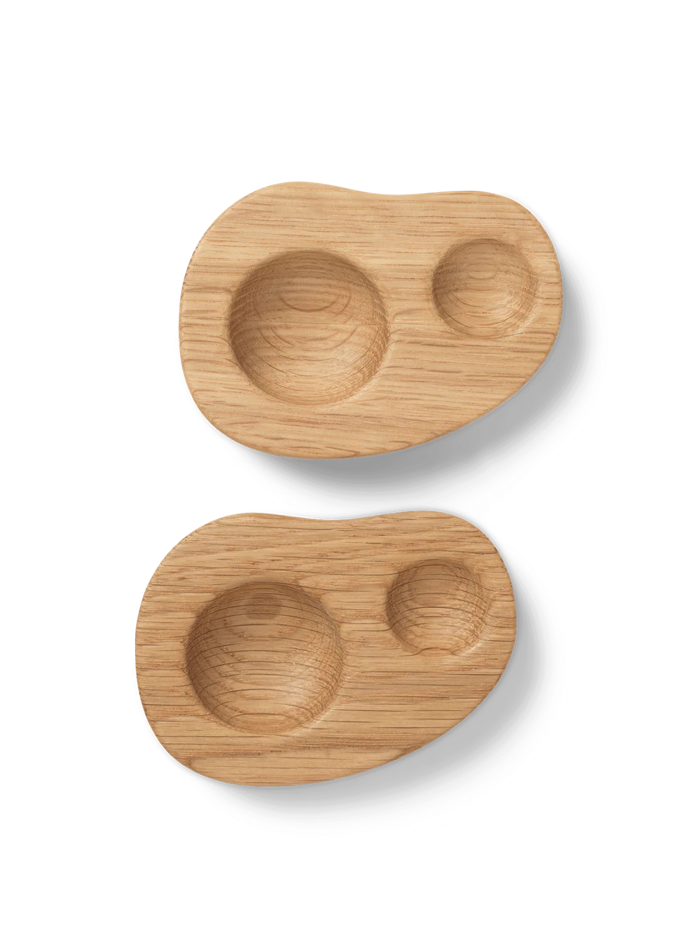 Two wooden snack plates with a natural finish on a white background