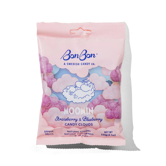 Pink package of BonBon candy with cartoon character on a white background