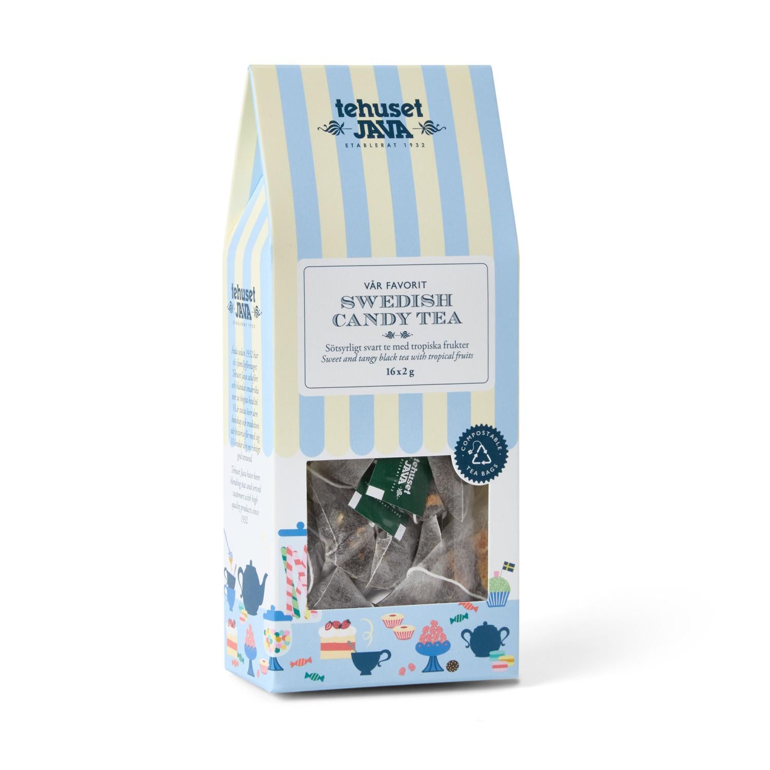 Packaging of Swedish candy tea with striped design on a white background
