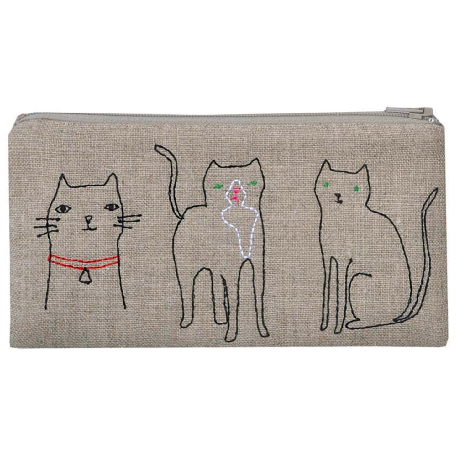 line art simplistic drawings of cats embroidered onto a natural flax cotton pouch. cute and practical with a touch of cat love.