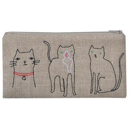 line art simplistic drawings of cats embroidered onto a natural flax cotton pouch. cute and practical with a touch of cat love.