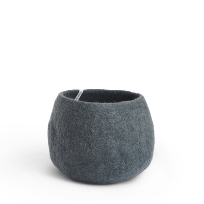 Gray felted wool planter on a white background